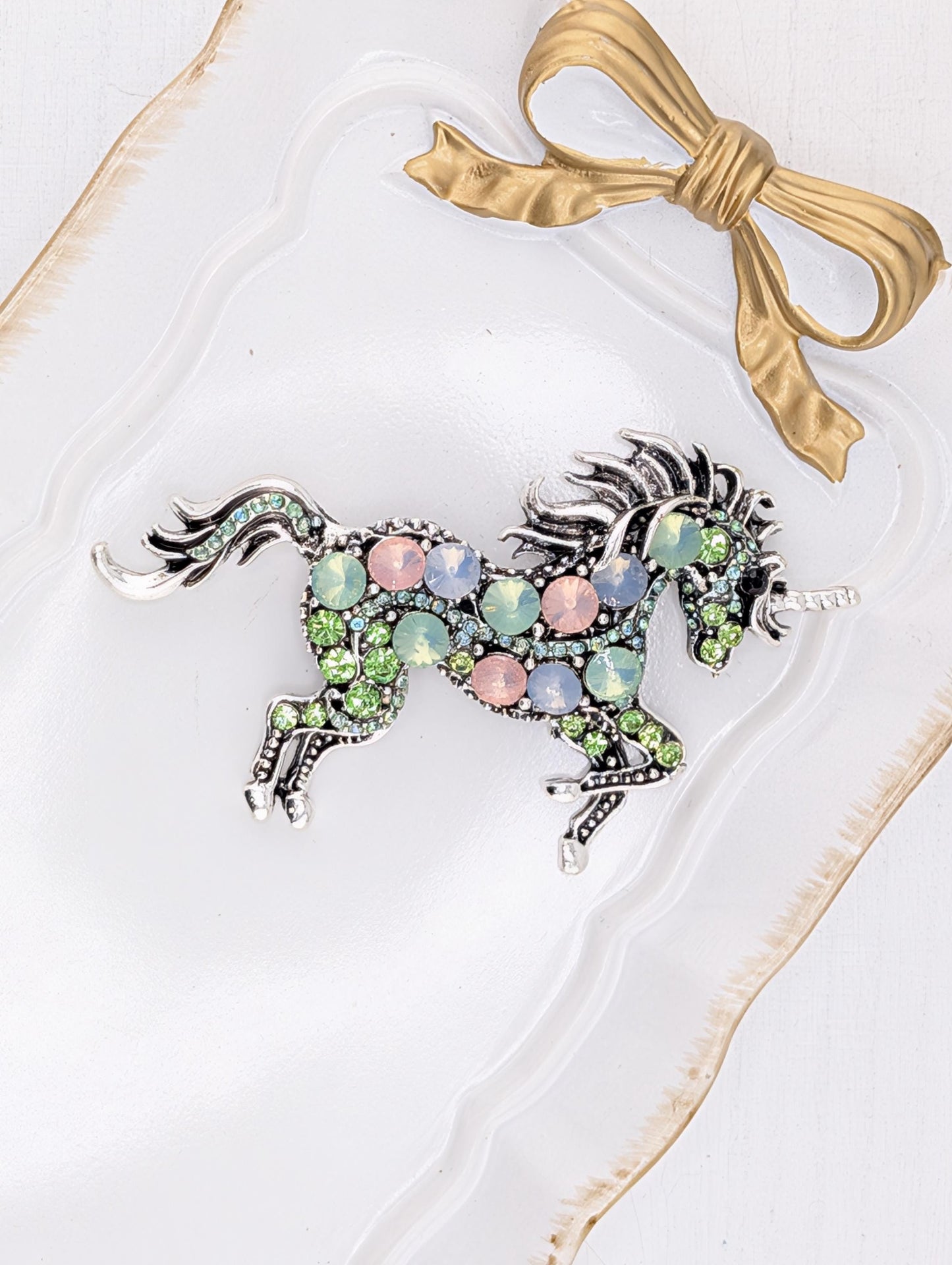 Silver plated Mint green & Pink Rhinestone Unicorn brooch