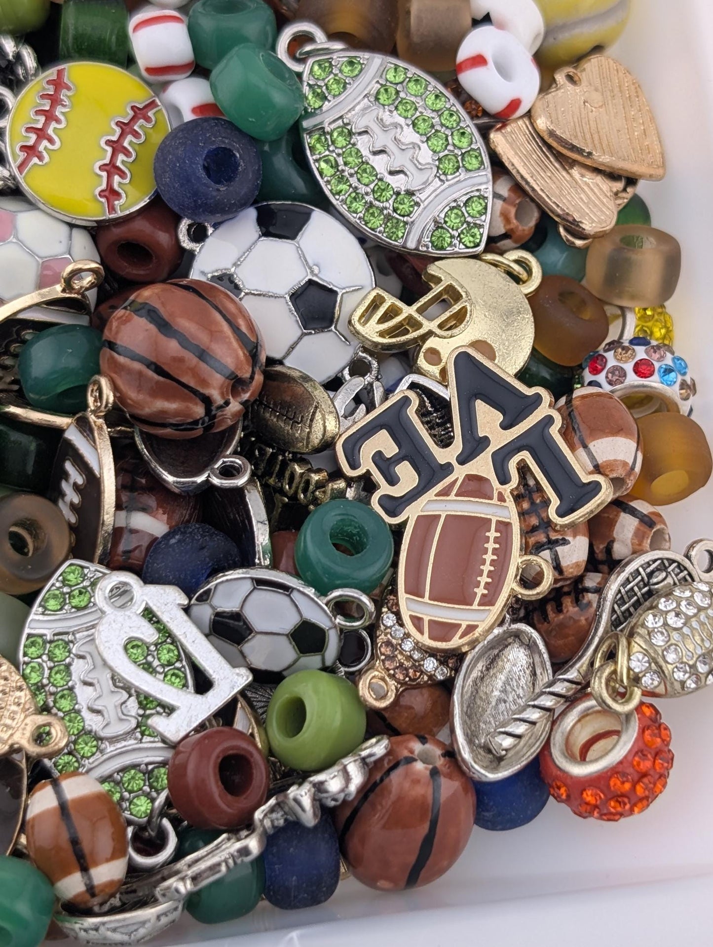 Sports Theme Charm & Glass Bead Soup: ALL Beads are GLASS DIY Jewelry Making Supplies (56g Pkg)