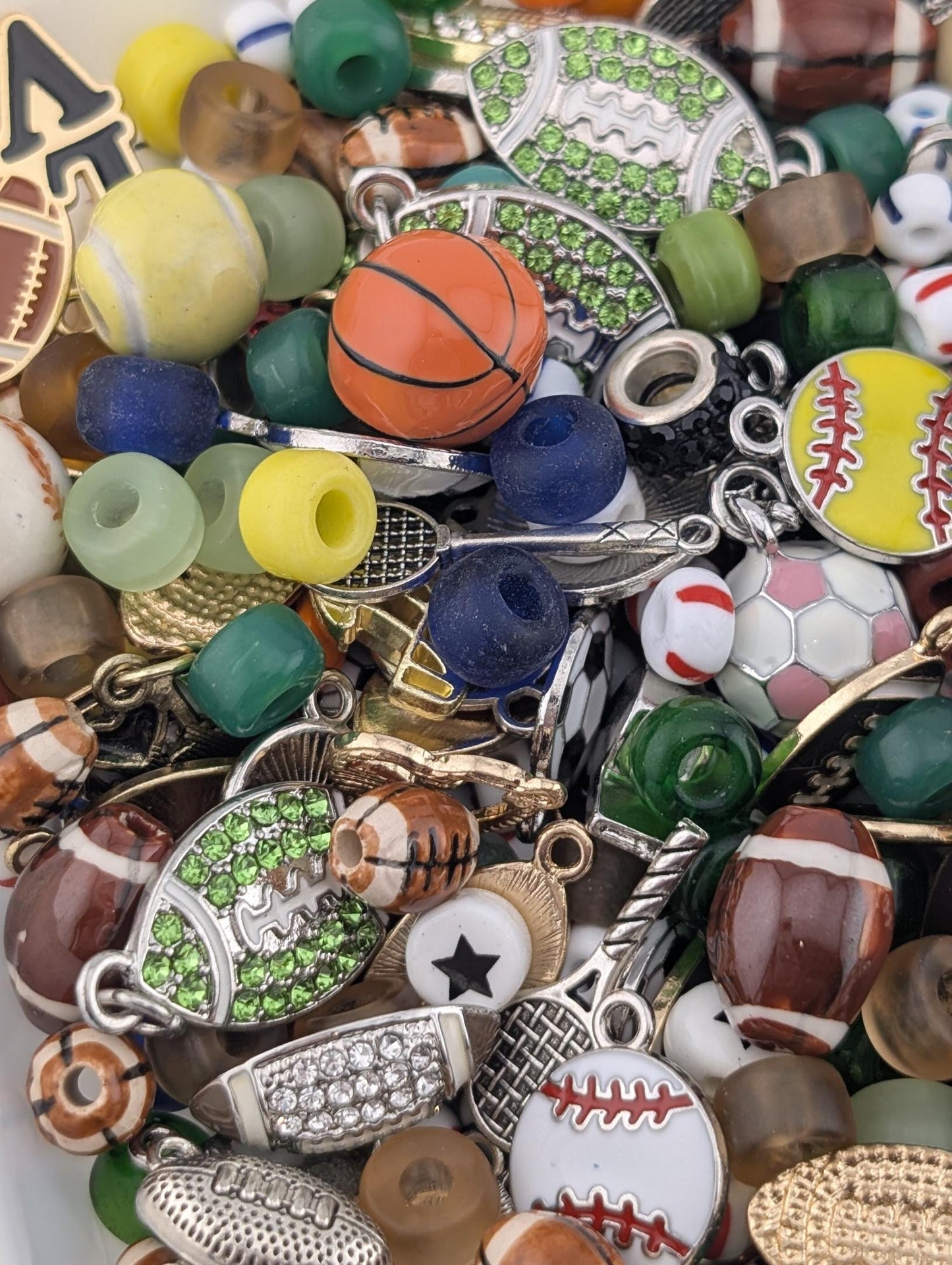 Sports Theme Charm & Glass Bead Soup: ALL Beads are GLASS DIY Jewelry Making Supplies (56g Pkg)