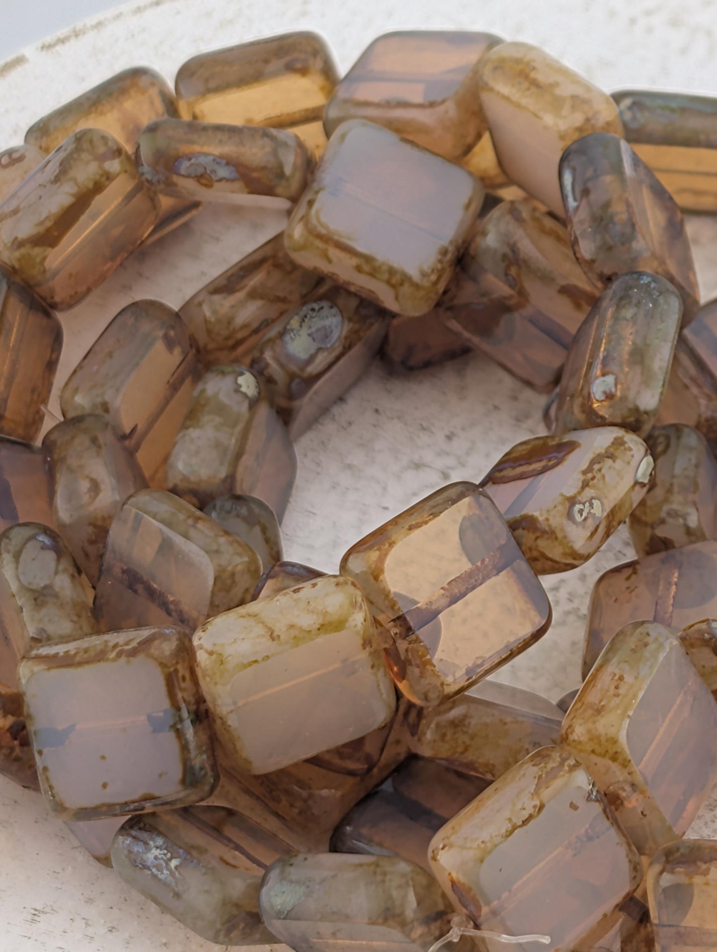 10mm Czech Glass Table Cut Square Milky Picasso Beads | Boho Jewelry Making Supply | Tile-Shaped Craft Beads | Khakhi Swirl | 15 pcs