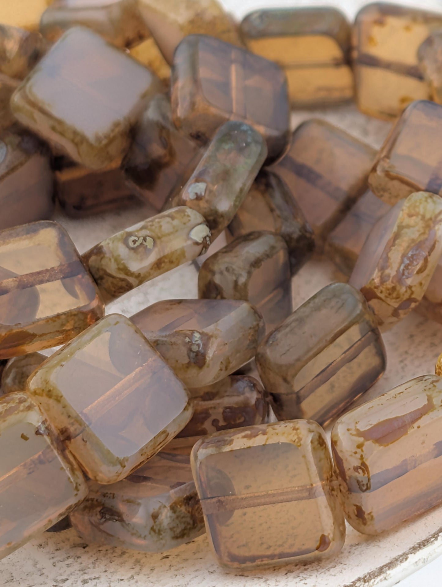 10mm Czech Glass Table Cut Square Milky Picasso Beads | Boho Jewelry Making Supply | Tile-Shaped Craft Beads | Khakhi Swirl | 15 pcs