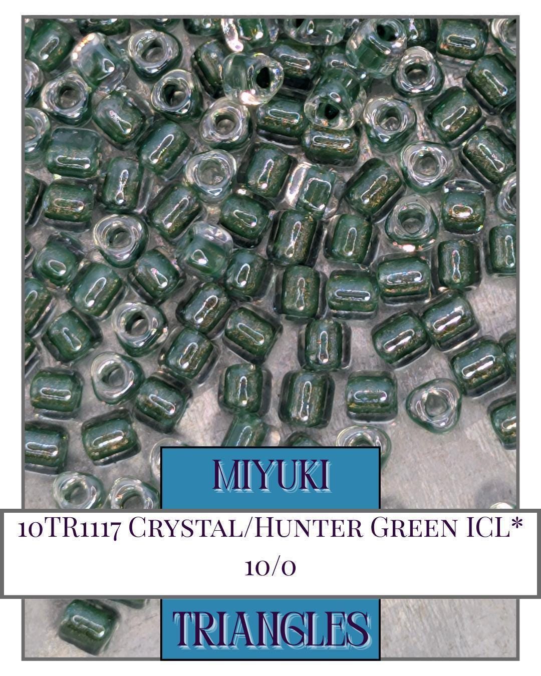 10TR1117-Miyuki Triangle Beads:Crystal/Hunter Green ICL* (10g pkg)