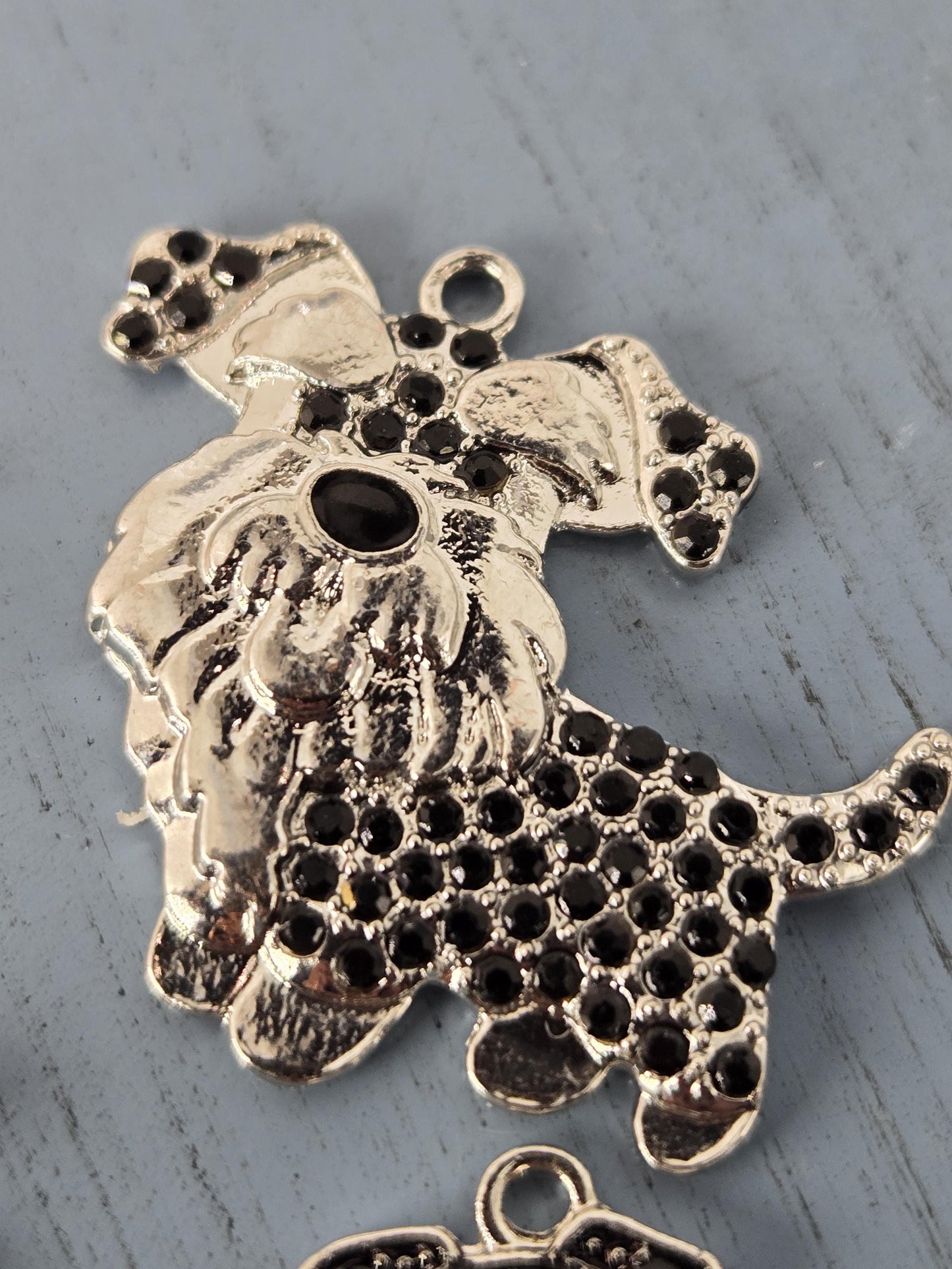 A close-up image of a silver-colored metal object with a floral design and small black stones or dots on it.