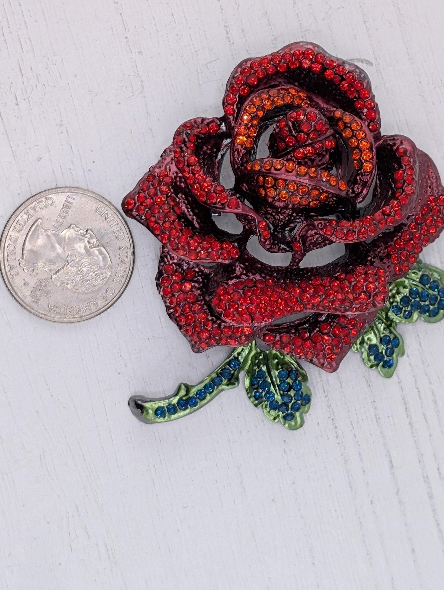 Gold Plated Red Rhinestone Rose Brooch
