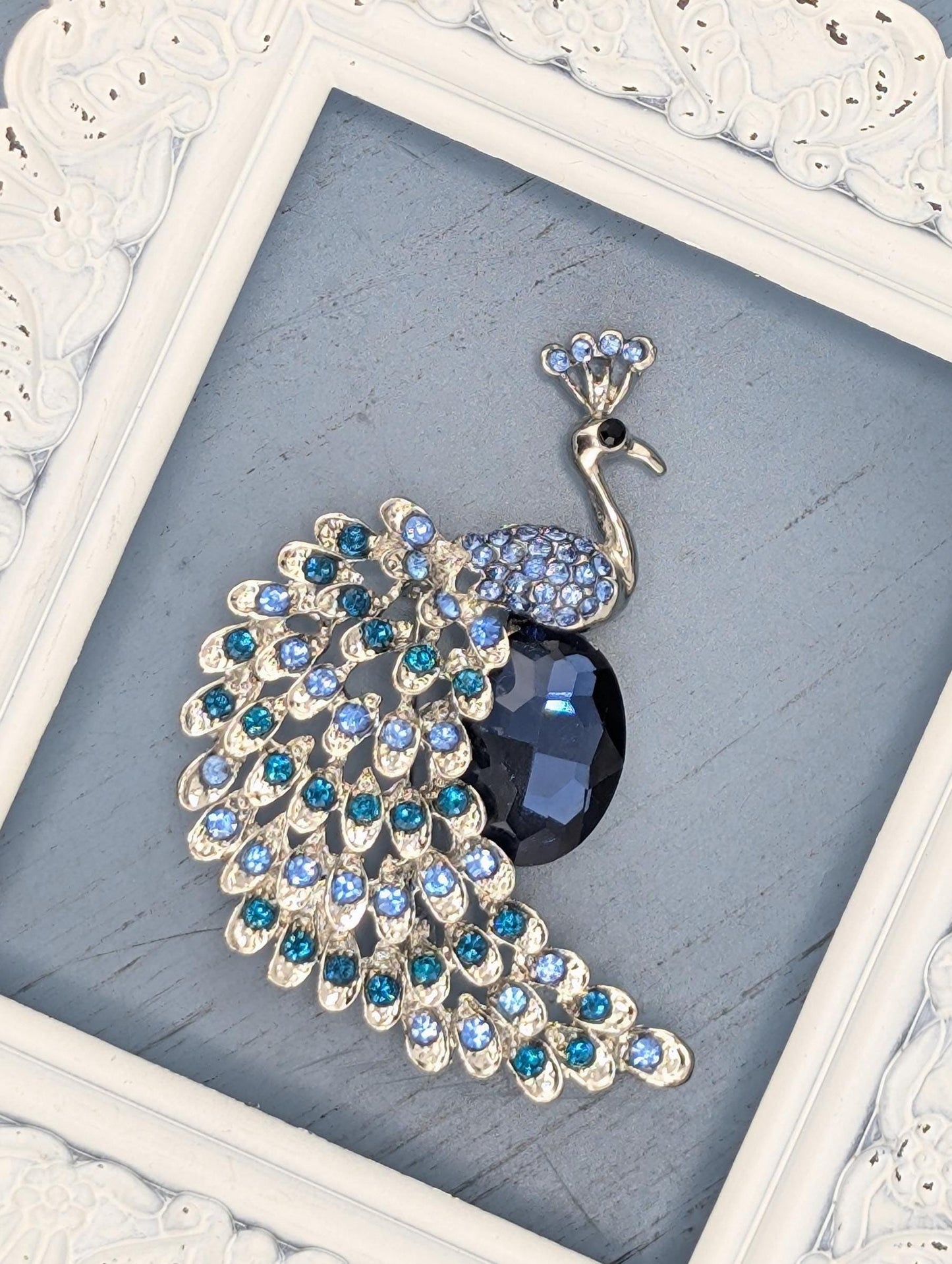 Silver Plated Blue Peacock : Colorful Festival Jewelry Brooch