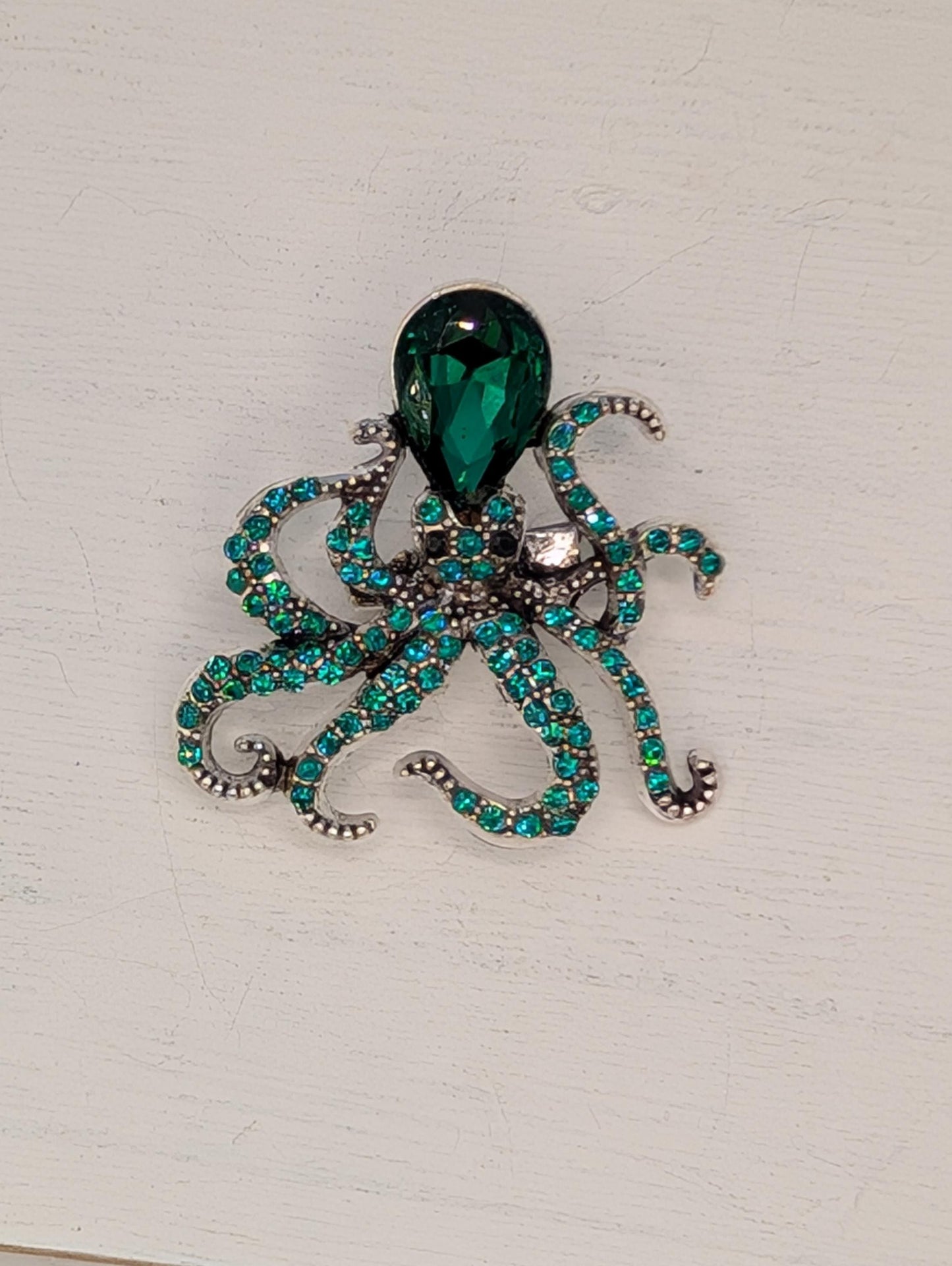 Silver Plated Green Rhinestone Octopus Brooch