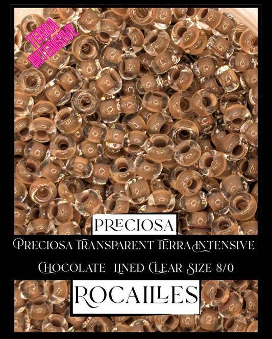 Preciosa Transparent Terra Intensive Chocolate  Lined Clear Size 8/0 (10g pkg)