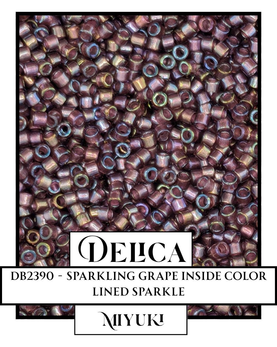 The image is a close-up of a pile of multicolored beads, with a focus on the sparkling grape-colored beads.