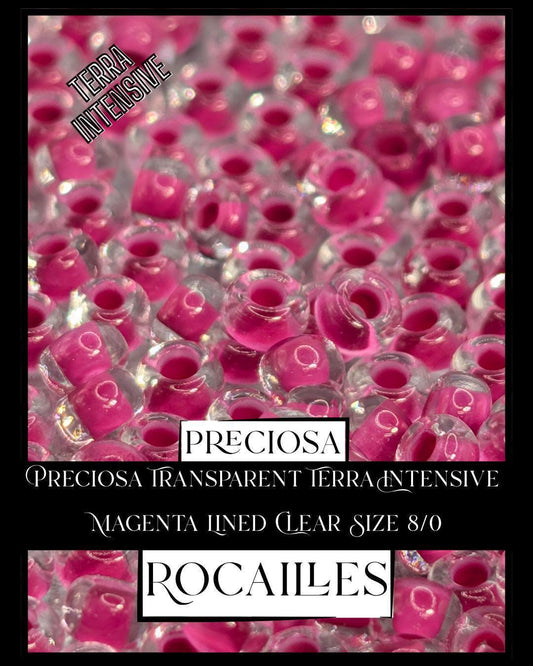 Preciosa Transparent Terra Intensive Magenta Lined Clear Size 8/0 (10g pkg)