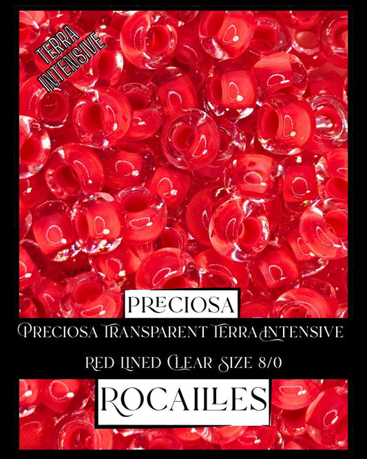 Preciosa Transparent Terra Intensive Red Lined Clear Size 8/0 (10g pkg)