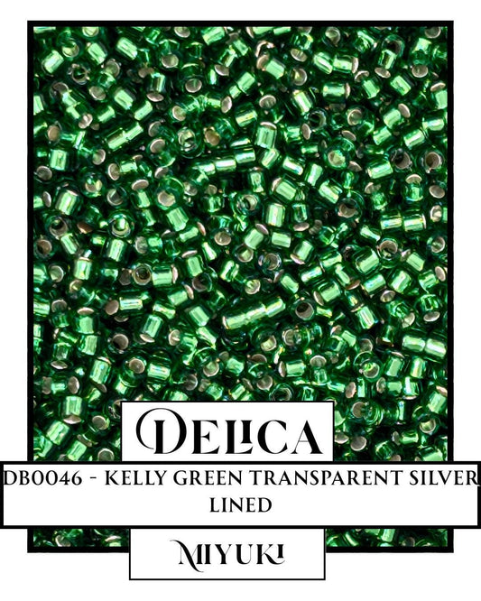The image is a collage of multiple images featuring a large amount of green beads or glass beads, possibly made of transparent material. The text in the image includes &quot;DDB0046 - KELLY GREEN TRANSPARENT SILVER LINED&quot; and &quot;Miyuki&quot;.