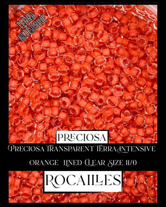 Preciosa Transparent Terra Intensive Orange  Lined Clear Size 11/0 (10g pkg)