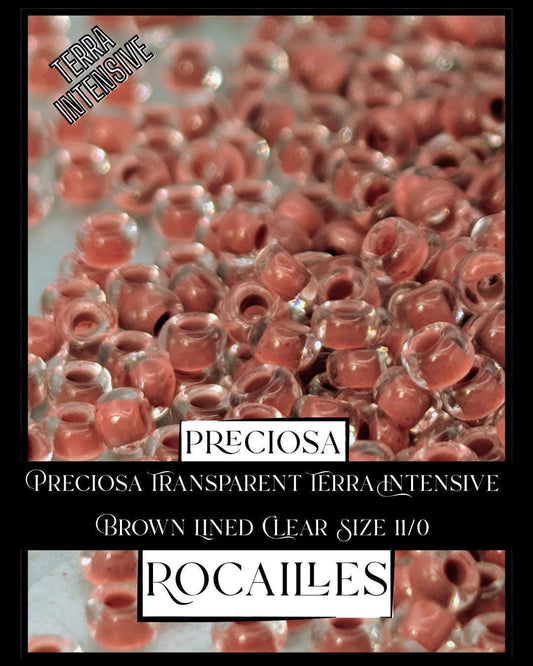 Preciosa Transparent Terra Intensive Brown Lined Clear Size 11/0 (10g pkg)