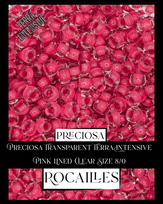 Preciosa Transparent Terra Intensive Pink Lined Clear Size 8/0 (10g pkg)