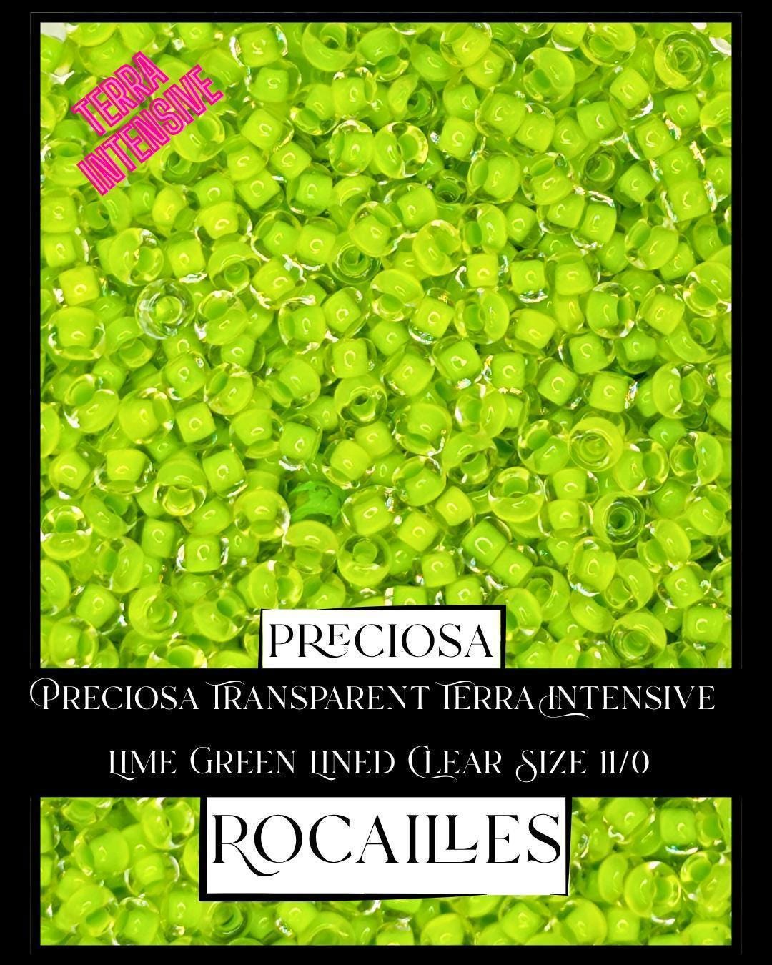 Preciosa Transparent Terra Intensive Lime Green Lined Clear Size 11/0 (10g pkg)