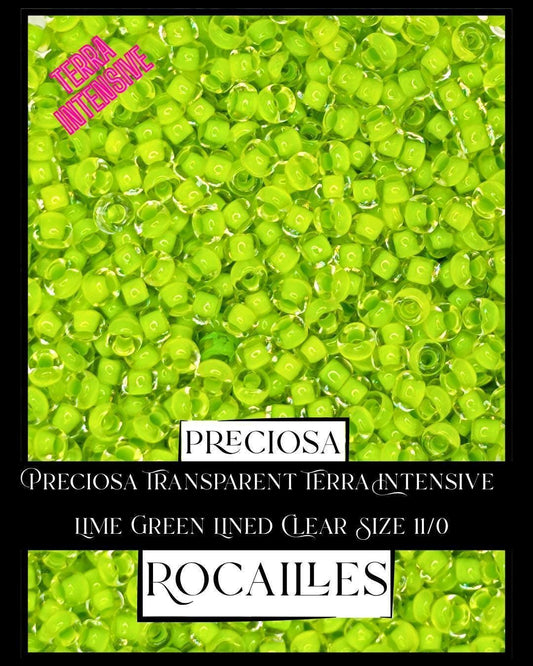 Preciosa Transparent Terra Intensive Lime Green Lined Clear Size 11/0 (10g pkg)