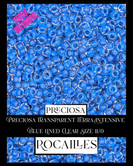 Preciosa Transparent Terra Intensive Blue Lined Clear Size 11/0 (10g pkg)