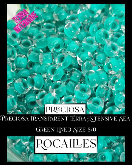 Preciosa Transparent Terra Intensive Sea Green Lined Size 8/0 (10g pkg)