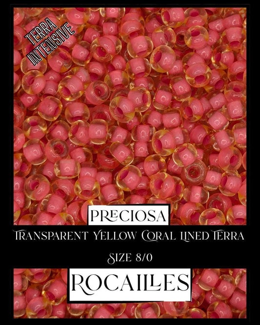 Preciosa Transparent Yellow Coral Lined Terra Size 8/0 (10g pkg)