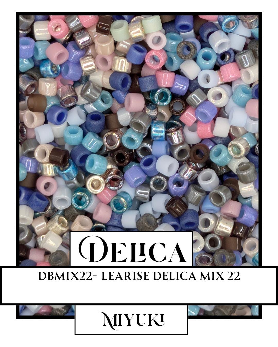 The image is a collage of various colored beads, including multicolored beads in shades of blue, pink, purple, and white.