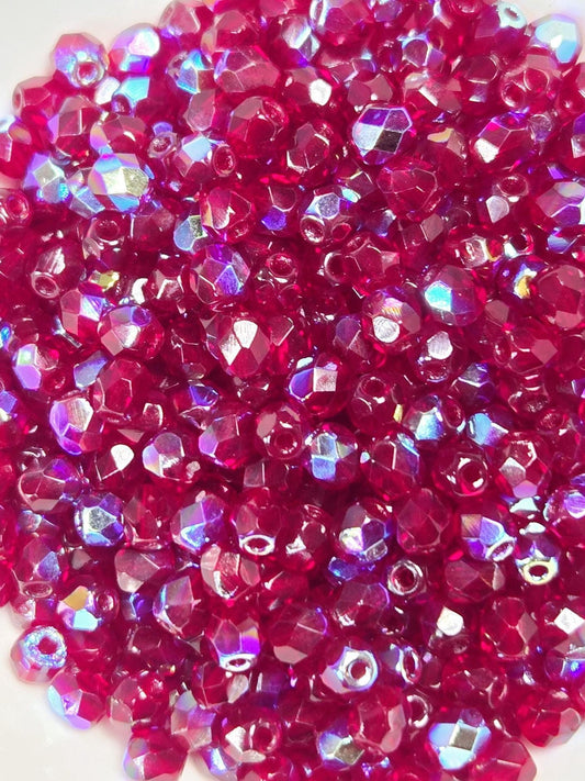 Dark Red Fire Polish AB Glass Beads: 4mm Faceted Round (100 pcs)