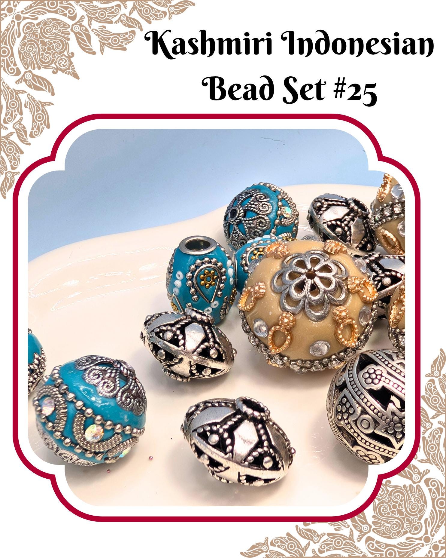 A collection of intricately designed beads in various colors and patterns, including turquoise, silver, and gold, arranged on a white surface.