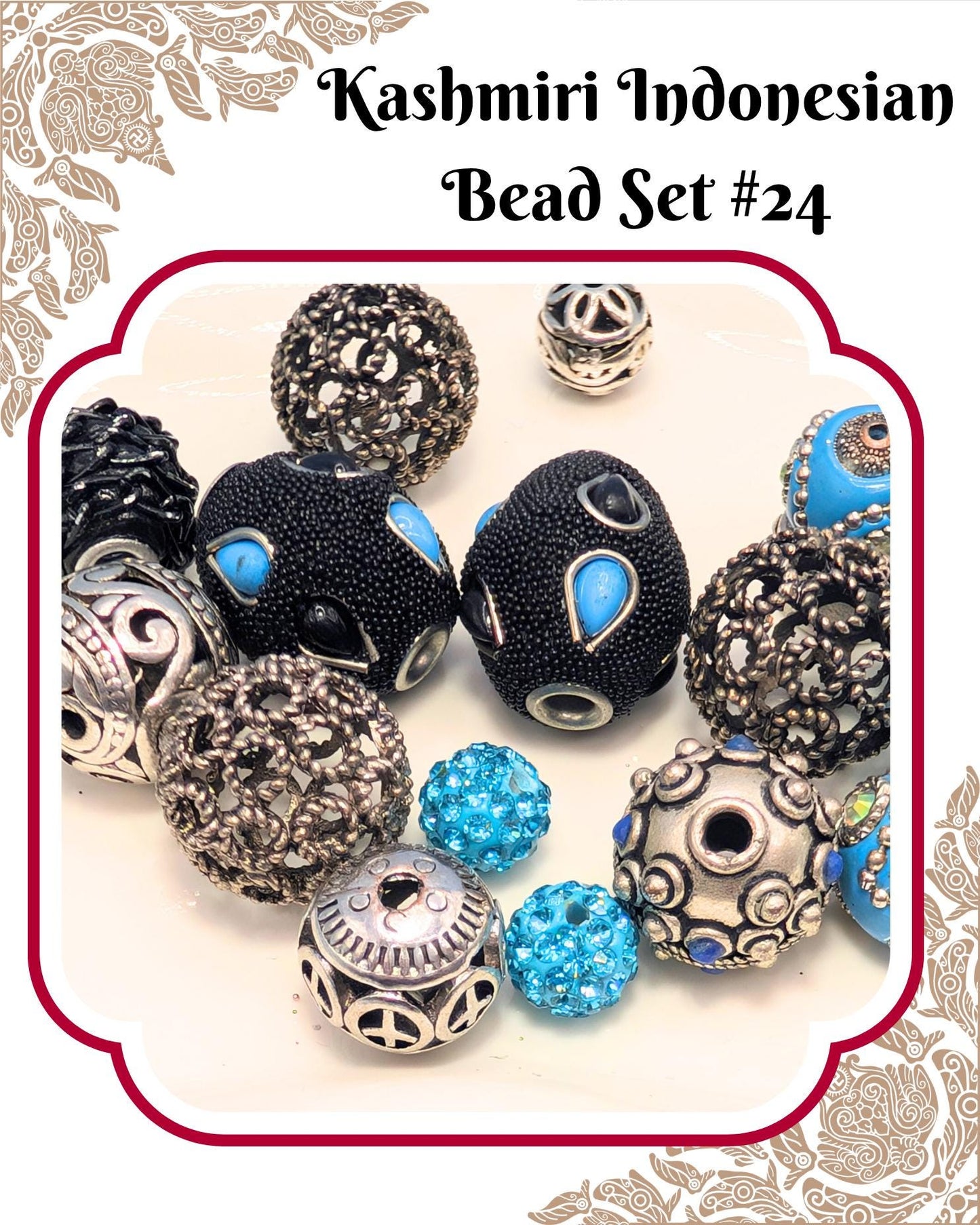 a collection of various beads and jewelry pieces, including black, blue, silver, and other colorful beads, arranged on a surface.