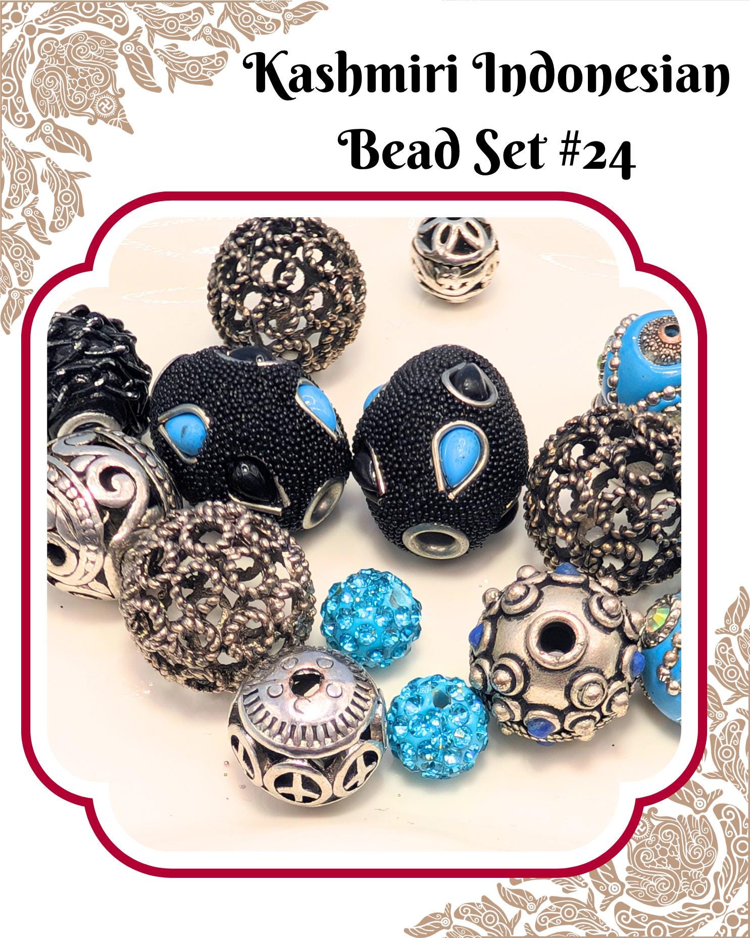 a collection of various beads and jewelry pieces, including black, blue, silver, and other colorful beads, arranged on a surface.