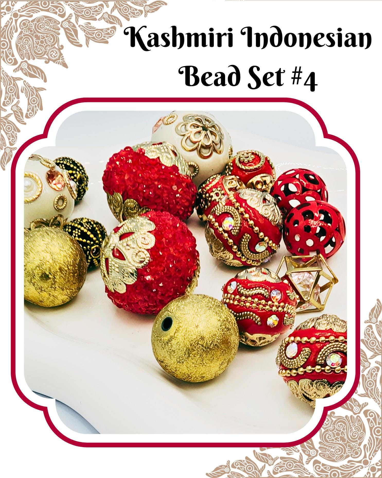 a collection of ornate, colorful beads in various shapes and sizes, including red, gold, and silver beads, arranged on a white surface.
