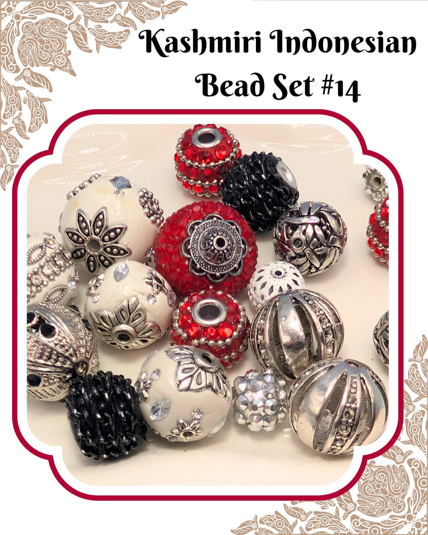 The image is a collection of various beads, including red, silver, and black ones, arranged on a white background.