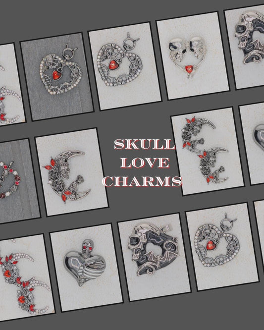 The image is a collage of various skull-themed charms, including heart-shaped pendants, skull-shaped earrings, and skull-shaped bracelets.