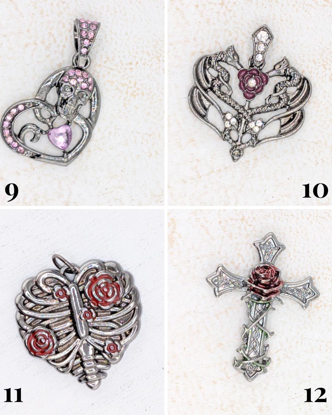 four distinct pieces of jewelry, each with unique designs and embellishments.