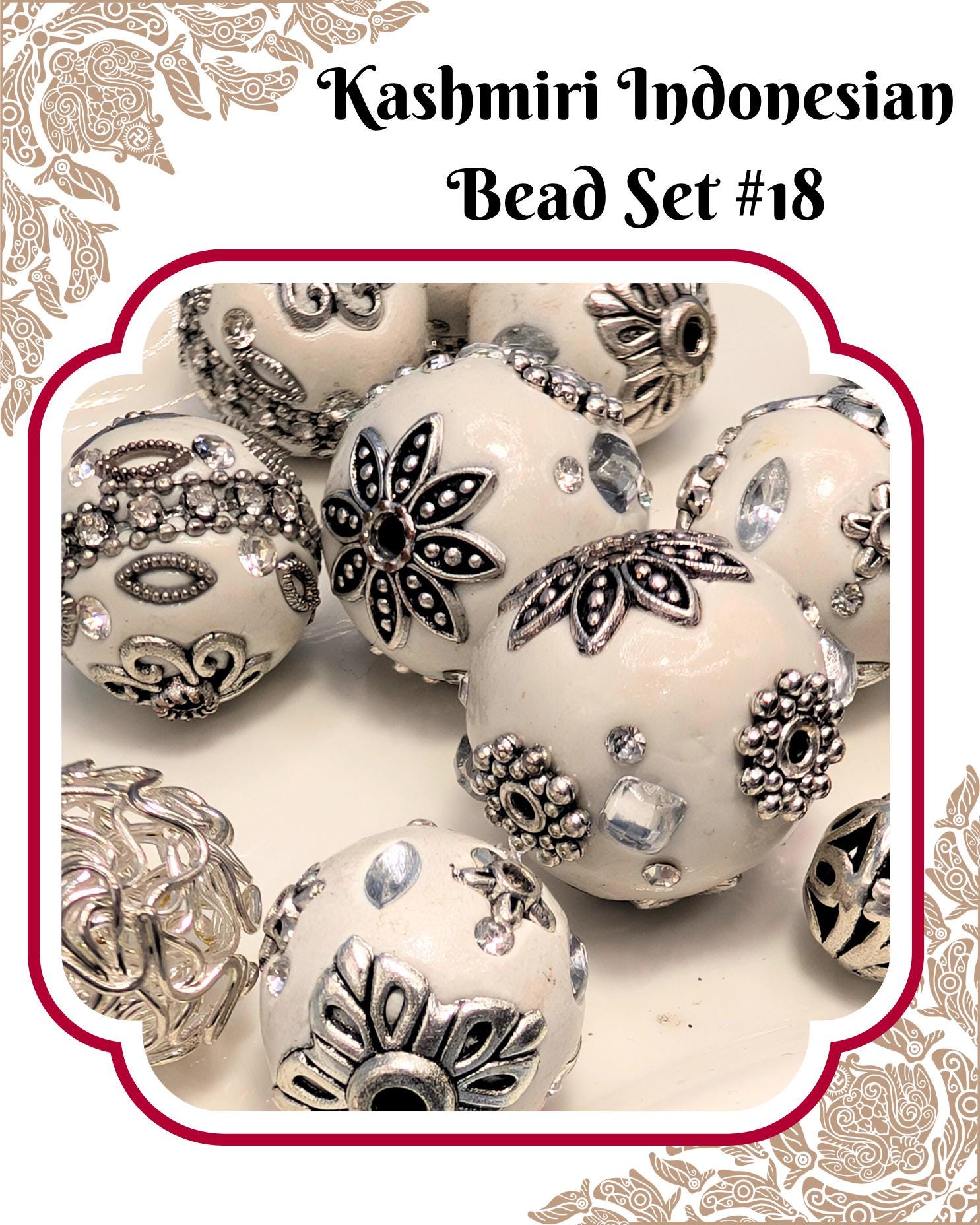 A collection of ornate, beaded beads in various shapes and sizes, arranged in a decorative manner.