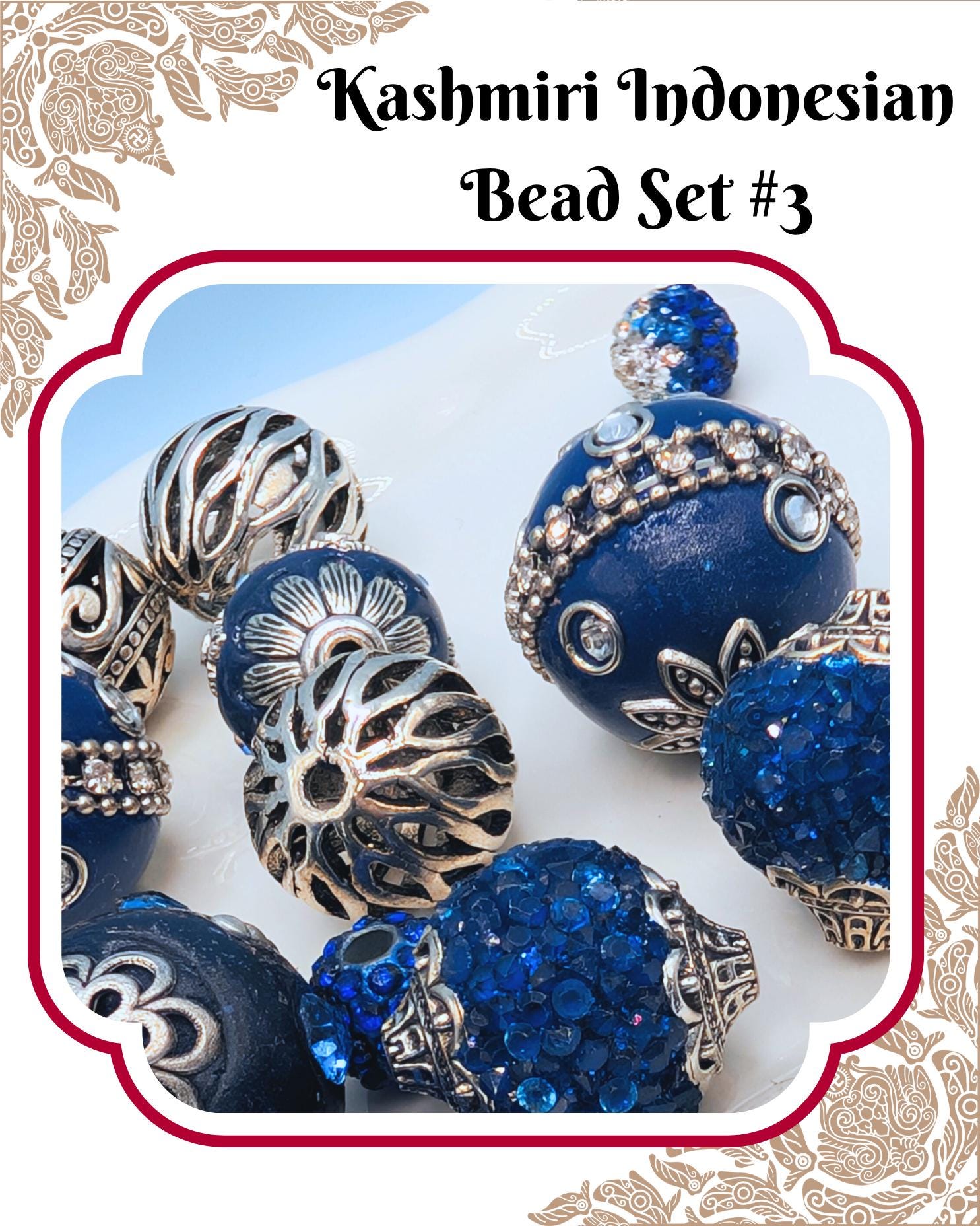a collection of blue and silver beads, including some with intricate designs and sparkling gemstones, arranged in a visually appealing manner.