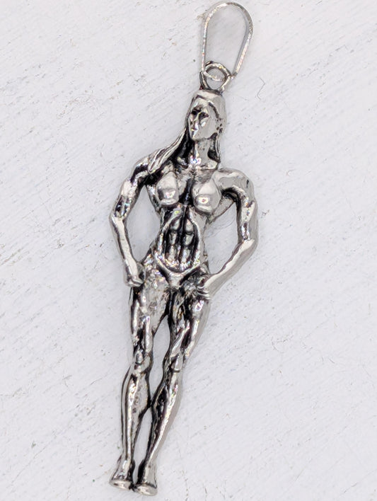 A silver-colored pendant in the shape of a female athlete, possibly a gymnast or athlete, is shown in the image.