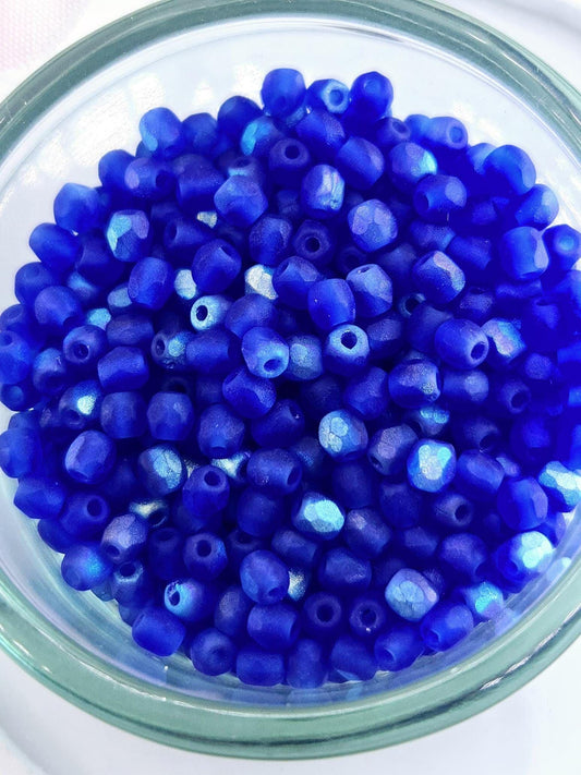 Matte Cobalt Blue AB Preciosa Fire Polished Beads, 3mm. (3g Approx 100 pcs)