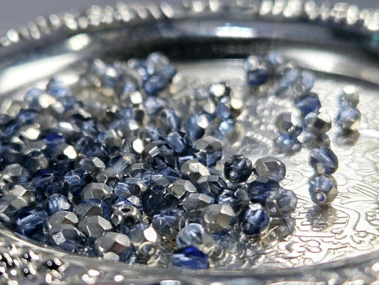 Vintage Lilac-Blue & Metallic Silver Faceted Round Preciosa Fire Polished Beads, 4mm. (100 pcs)