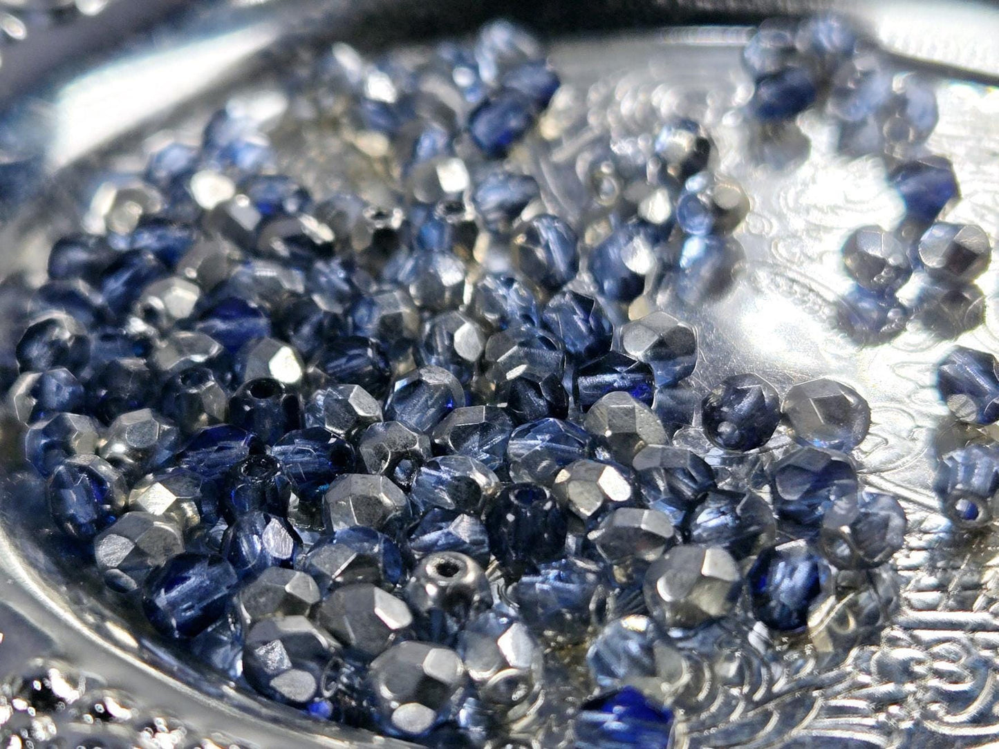 Vintage Lilac-Blue & Metallic Silver Faceted Round Preciosa Fire Polished Beads, 4mm. (100 pcs)