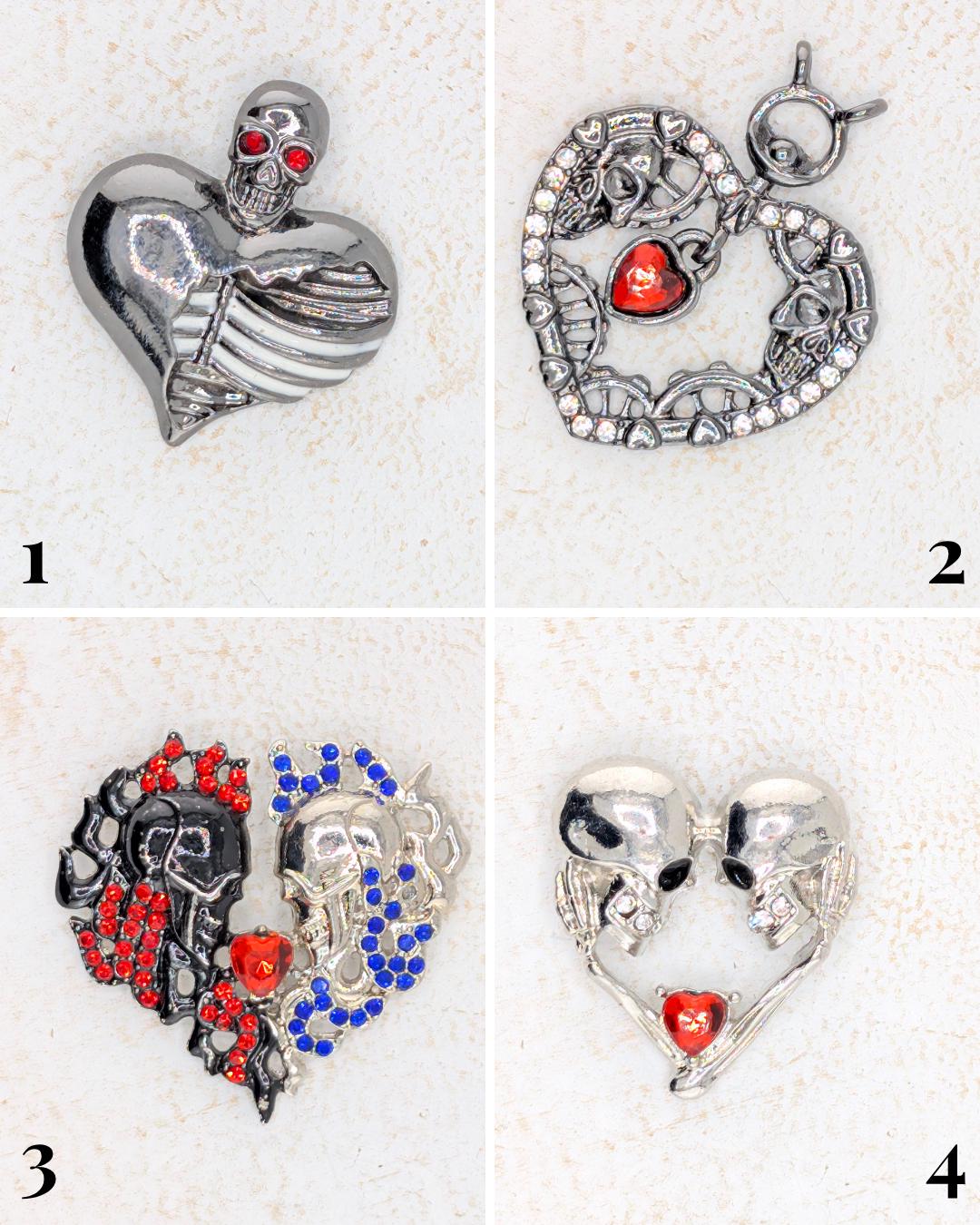 four distinct heart-shaped pendants, each with a unique design and color scheme. The pendants are arranged in a grid format, with each row representing a different pendant. The pendants are displayed against a white background, making the colors and designs stand out prominently.