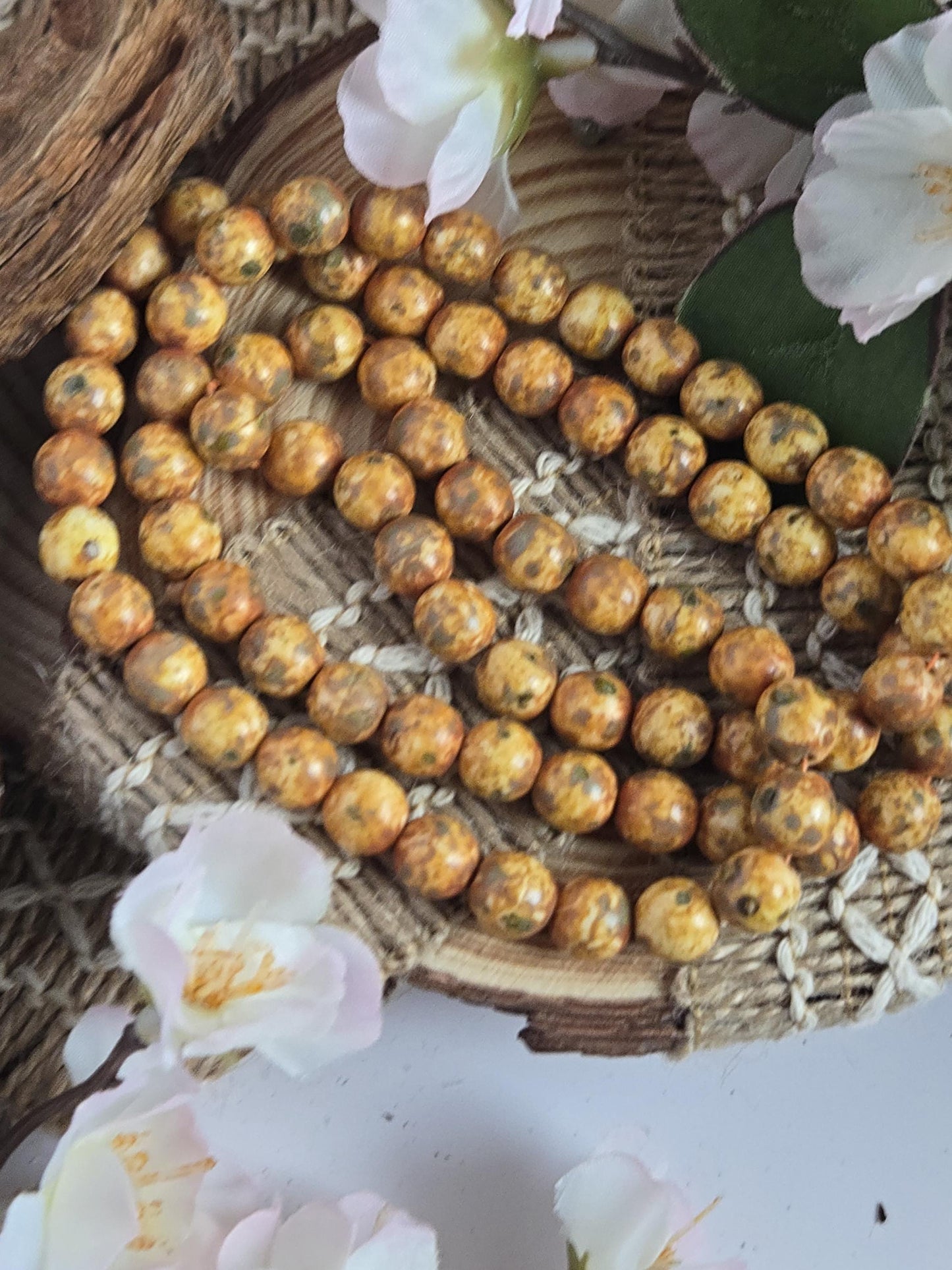8mm Round Caramel Picasso Czech Glass Druk Beads - Handmade Jewelry Supplies & Crafting Material (50pcs)
