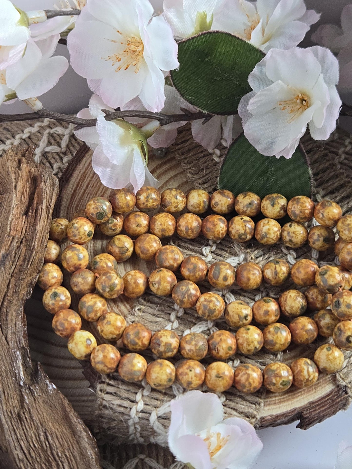 8mm Round Caramel Picasso Czech Glass Druk Beads - Handmade Jewelry Supplies & Crafting Material (50pcs)