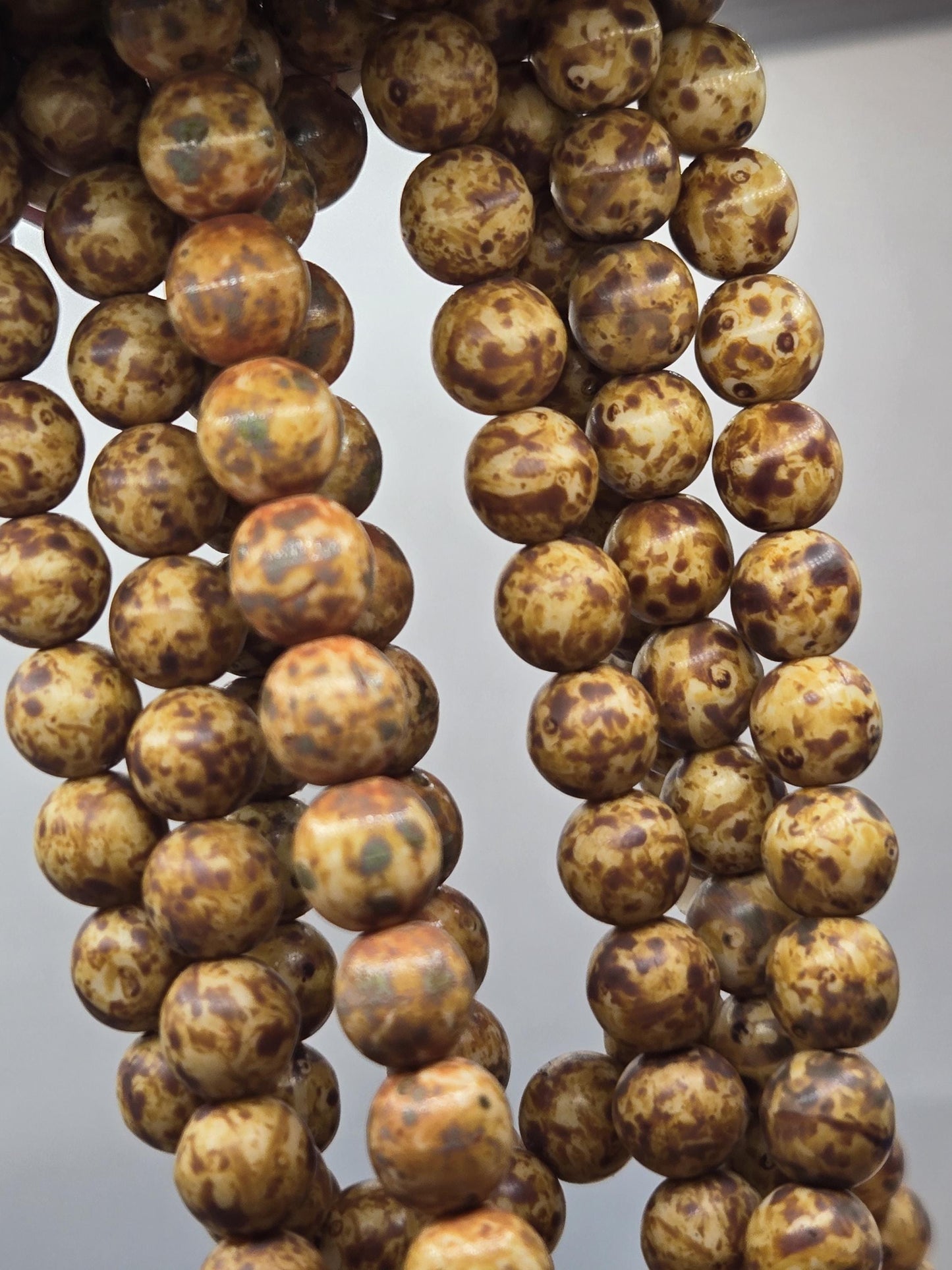 8mm Round Caramel Picasso Czech Glass Druk Beads - Handmade Jewelry Supplies & Crafting Material (50pcs)