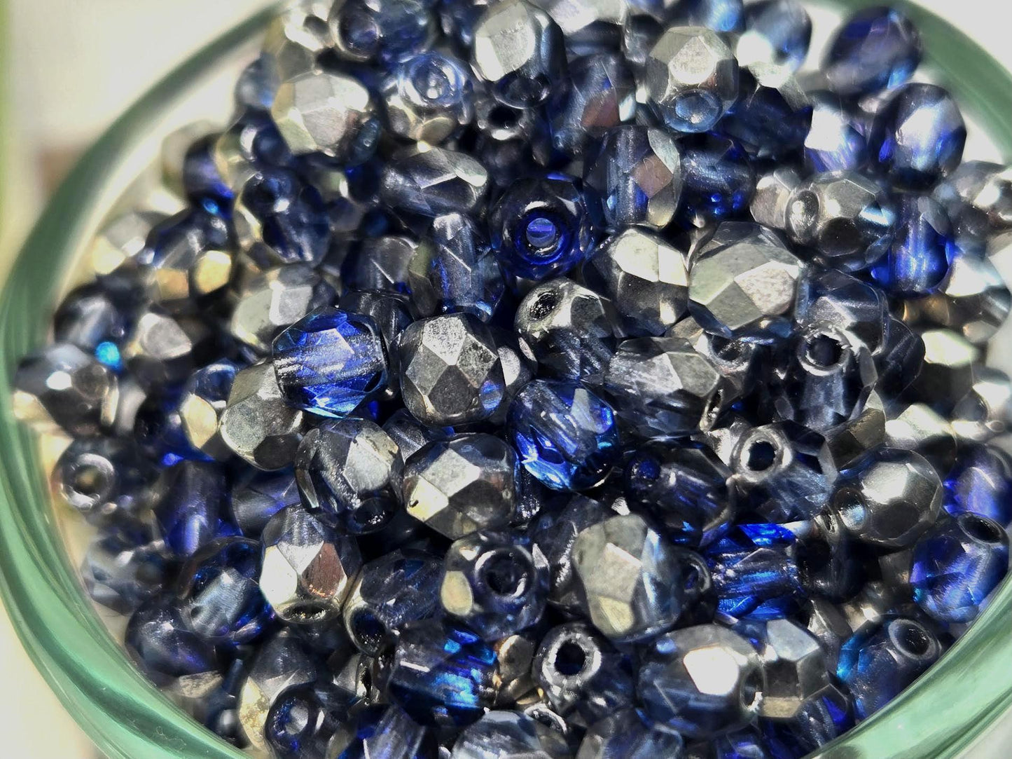 Vintage Lilac-Blue & Metallic Silver Faceted Round Preciosa Fire Polished Beads, 4mm. (100 pcs)