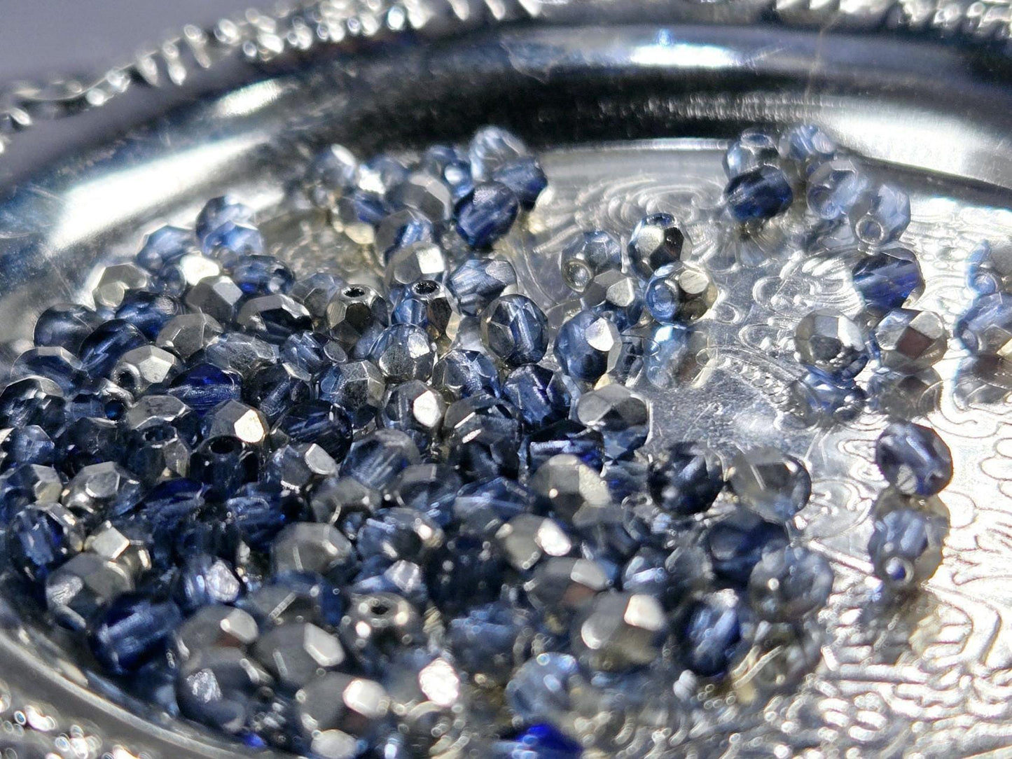 Vintage Lilac-Blue & Metallic Silver Faceted Round Preciosa Fire Polished Beads, 4mm. (100 pcs)