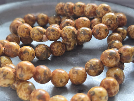 8mm Round Caramel Picasso Czech Glass Druk Beads - Handmade Jewelry Supplies & Crafting Material (50pcs)