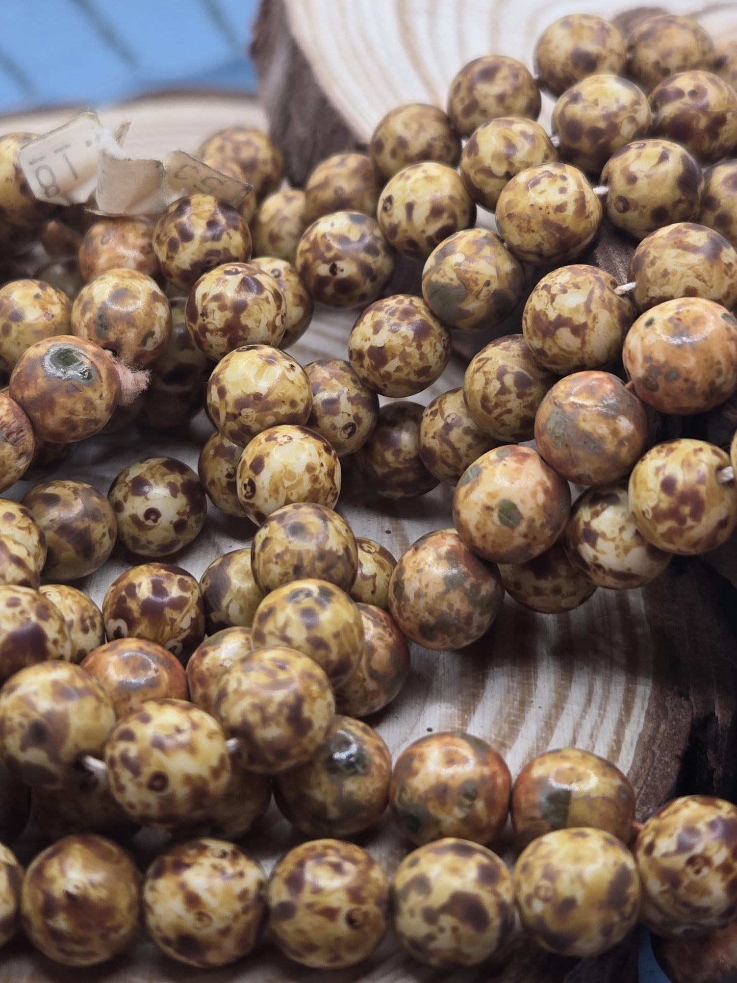8mm Round Caramel Picasso Czech Glass Druk Beads - Handmade Jewelry Supplies & Crafting Material (50pcs)
