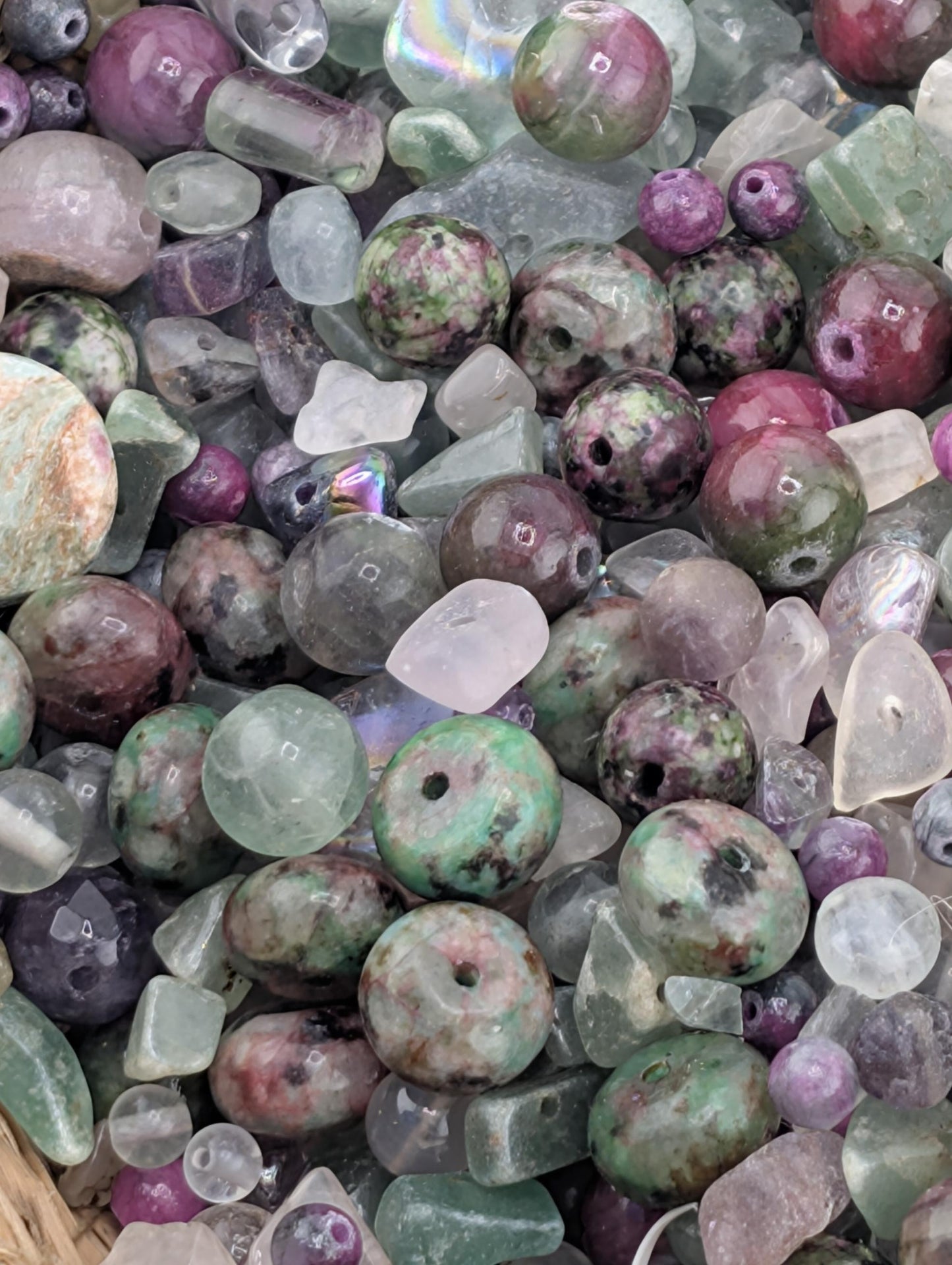 Natural Gemstone Bead Soup Mix: Fluorite, Ruby Zoisite, Quartz Semi-Precious 2oz