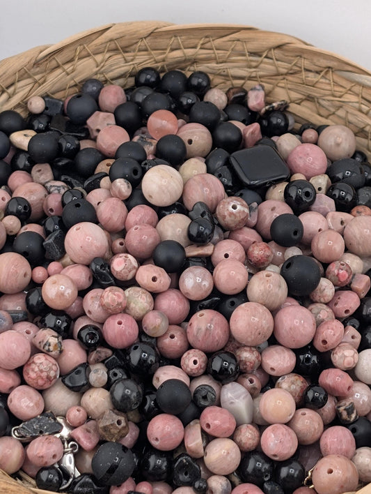 Rhondite & Obsidian Bead Soup: Natural Gemstone Mix, 2 Ounce Lot