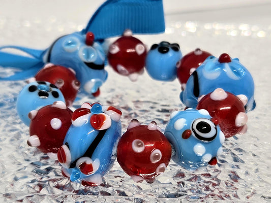 Handmade Lampwork Glass Focal Beads: Aqua Red Jewelry Making Set