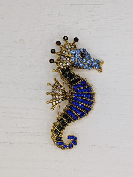 Golden Blue Seahorse Brooch